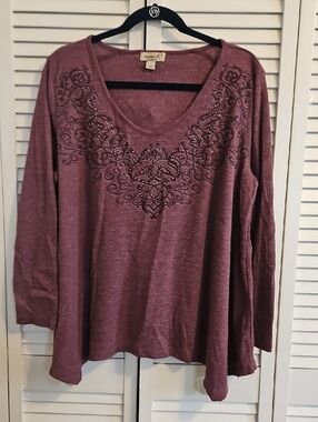 ONE WORLD Mauve Embellished V-Neck Long Sleeve Top